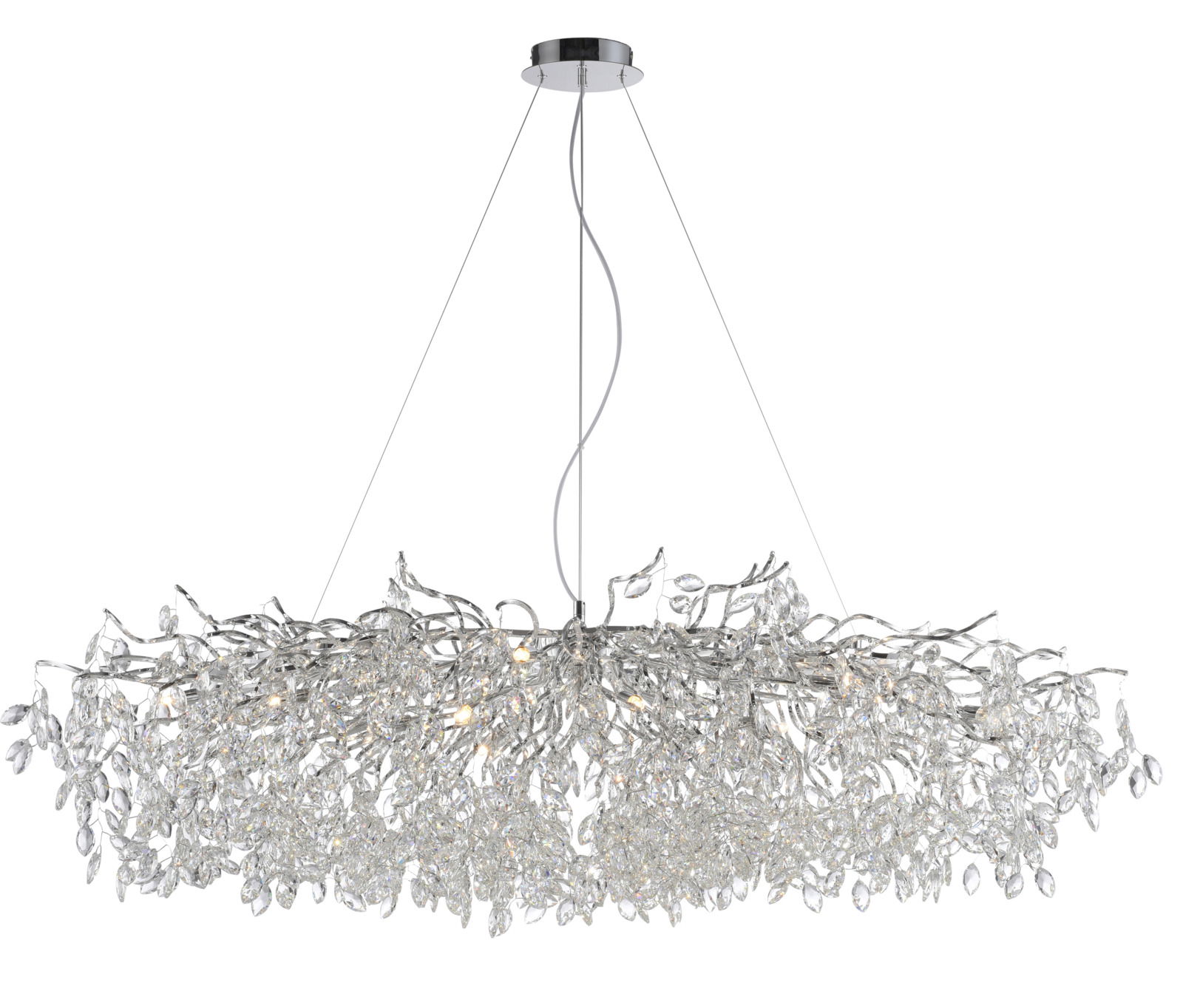 Moderner Kronleuchter RICICLE mit funkelnden Kristallen, seitliche Perspektive