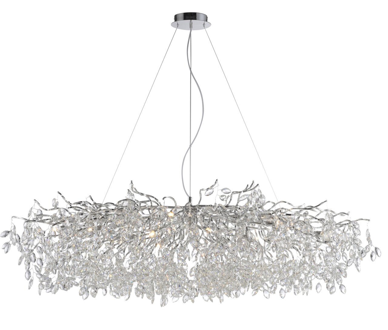 Moderner Kronleuchter RICICLE mit funkelnden Kristallen, seitliche Perspektive