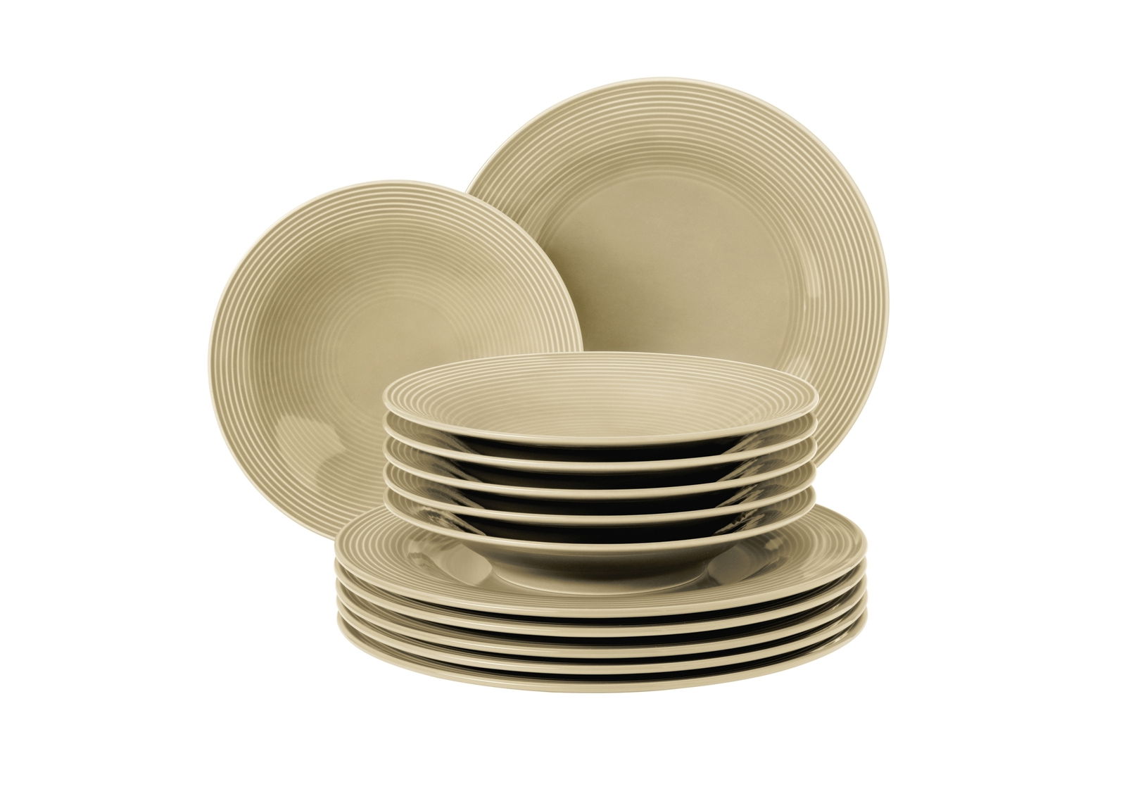 Tafelset Beat 12-tlg. Sand, bestehend aus gestapelten Tellern in sandfarbener Optik, seitliche Perspektive