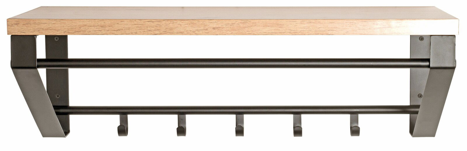 Frontale Ansicht einer Wandgarderobe mit Holzablage und schwarzen Metallhaken.