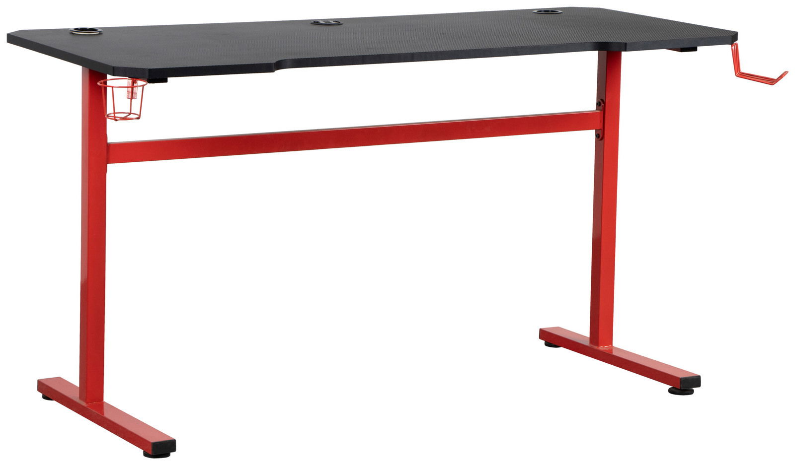 Moderner Gaming Tisch mit schwarzer Tischplatte und rotem Metallgestell, seitliche Perspektive