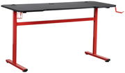 Moderner Gaming Tisch mit schwarzer Tischplatte und rotem Metallgestell, seitliche Perspektive