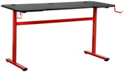 Moderner Gaming Tisch mit schwarzer Tischplatte und rotem Metallgestell, seitliche Perspektive