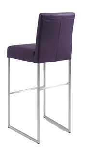 Rückansicht eines modernen Barhockers mit lila Polsterung und silbernem Metallgestell.