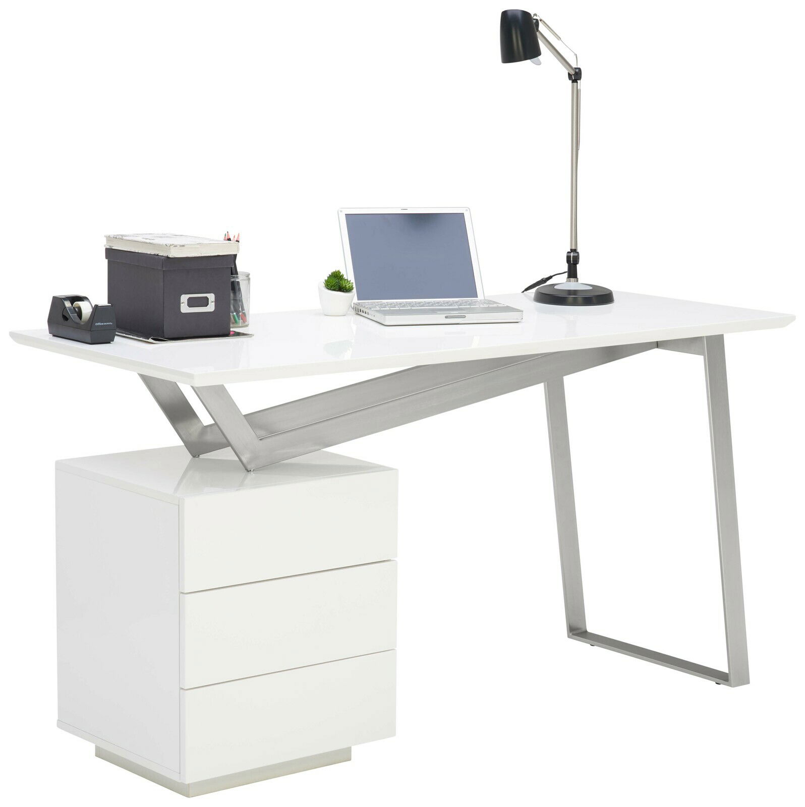 Moderner Schreibtisch mit weißer Tischplatte, integriertem Schubladenschrank und Metallbeinen, seitliche Perspektive.
