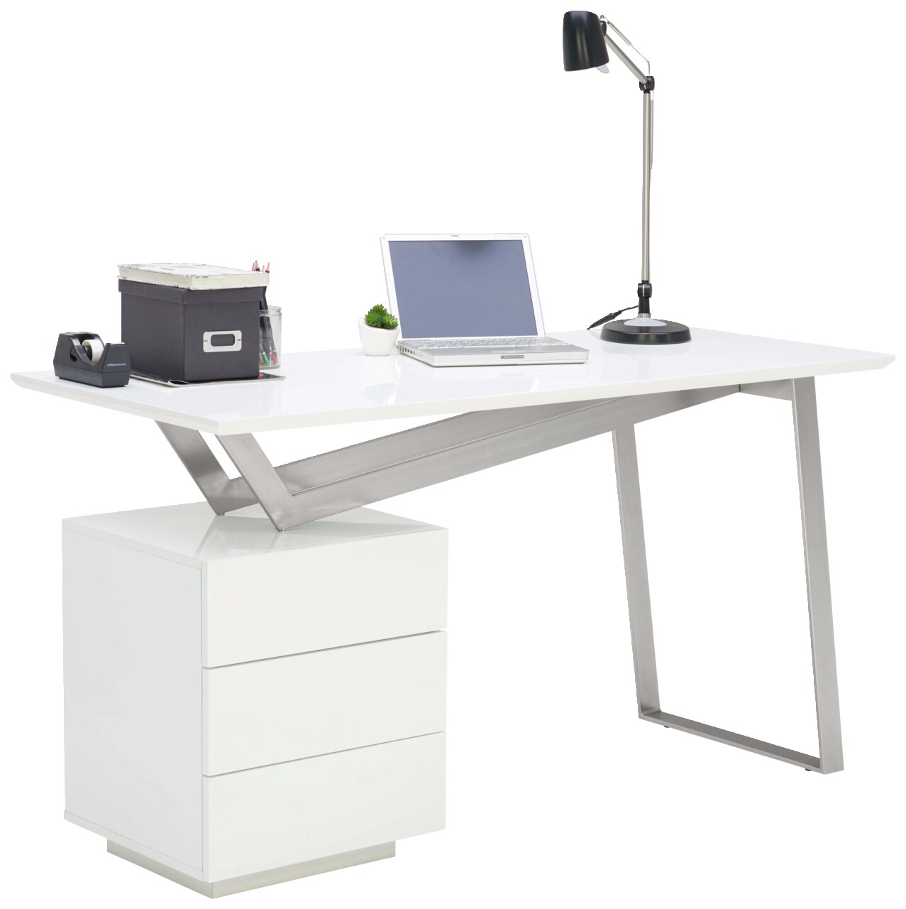 Moderner Schreibtisch mit weißer Tischplatte, integriertem Schubladenschrank und Metallbeinen, seitliche Perspektive.