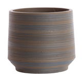 Keramikvase mit horizontalen Streifen in Braun- und Grautönen, seitliche Perspektive