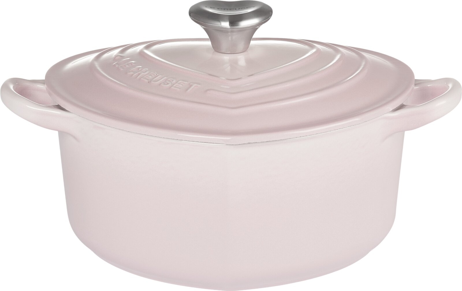 Runder Le Creuset Schmortopf aus emailliertem Gusseisen in zartem Rosa mit Deckel und Edelstahlknauf, Frontansicht leicht von oben