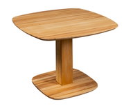 Moderner Couchtisch aus Holz mit quadratischer Tischplatte und zentralem Standfuß, seitliche Perspektive