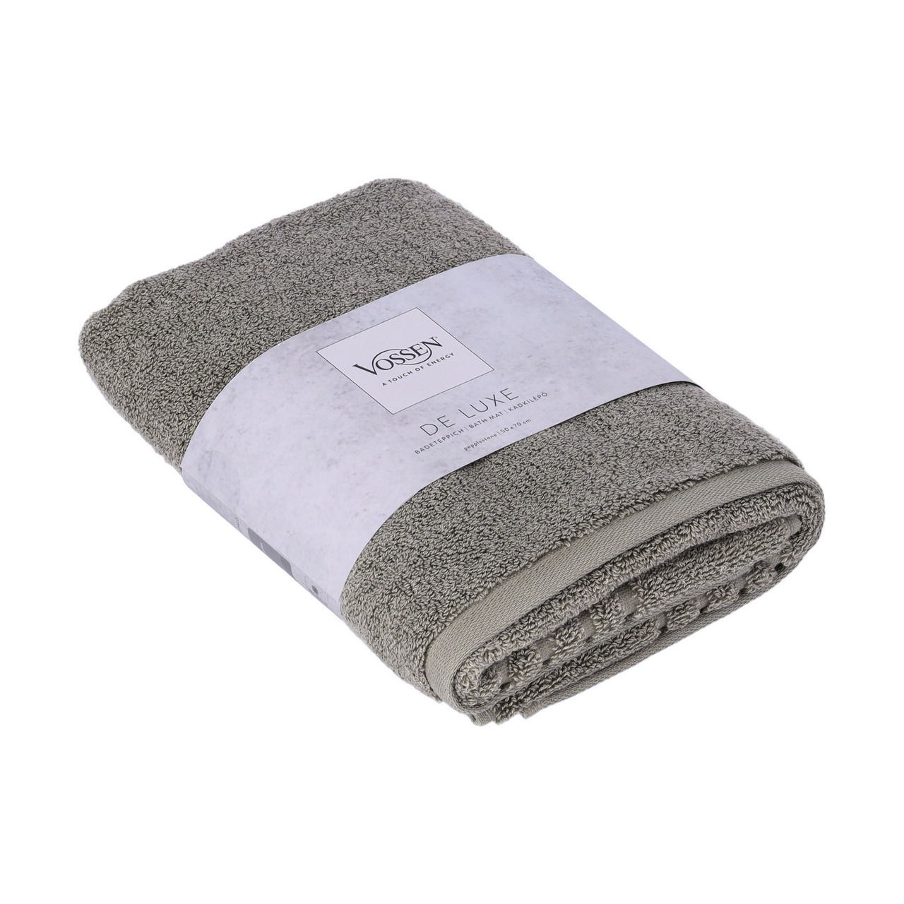 Vossen Badeteppich DE LUXE Graues, gefaltetes Handtuch der Marke Vossen De Luxe, von schräg oben fotografiert.