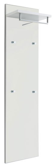 Garderobenpaneel in Weiß mit vier Haken und einem oberen Regal, seitliche Perspektive