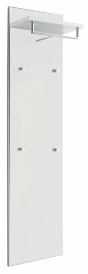 Garderobenpaneel in Weiß mit vier Haken und einem oberen Regal, seitliche Perspektive