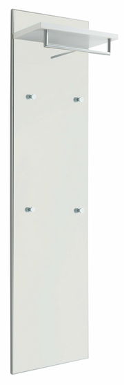 Garderobenpaneel in Weiß mit vier Haken und einem oberen Regal, seitliche Perspektive