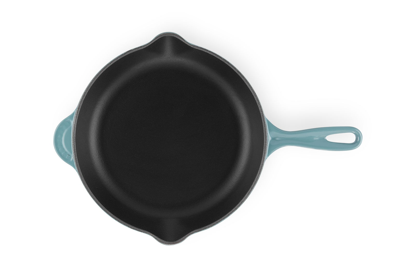 Pfanne 26cm Ocean, Draufsicht, schwarze Innenfläche mit türkisfarbenem Griff