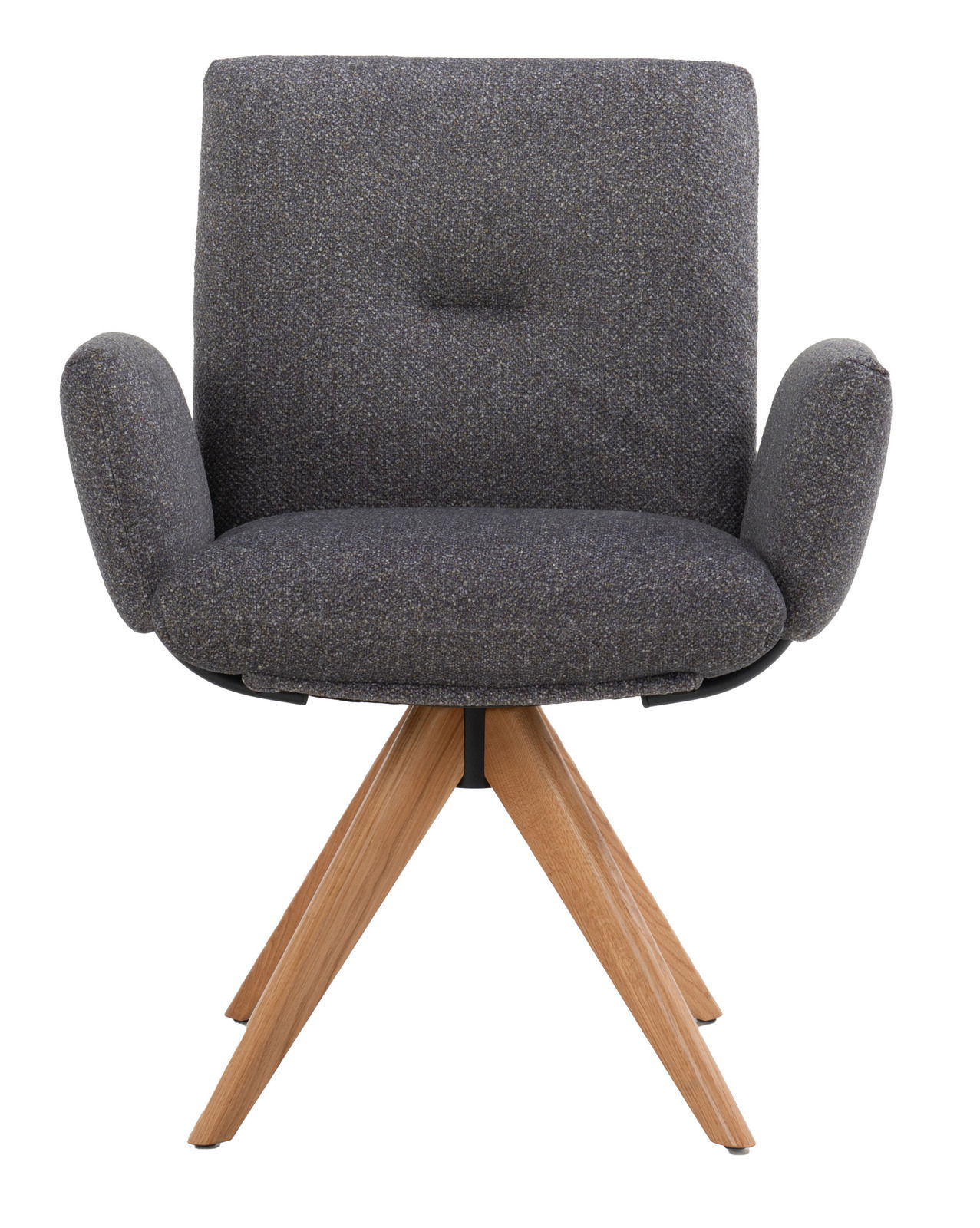 Frontansicht eines grauen Armlehnstuhls mit Holzbeinen, Modell COCOON von Dieter Knoll.