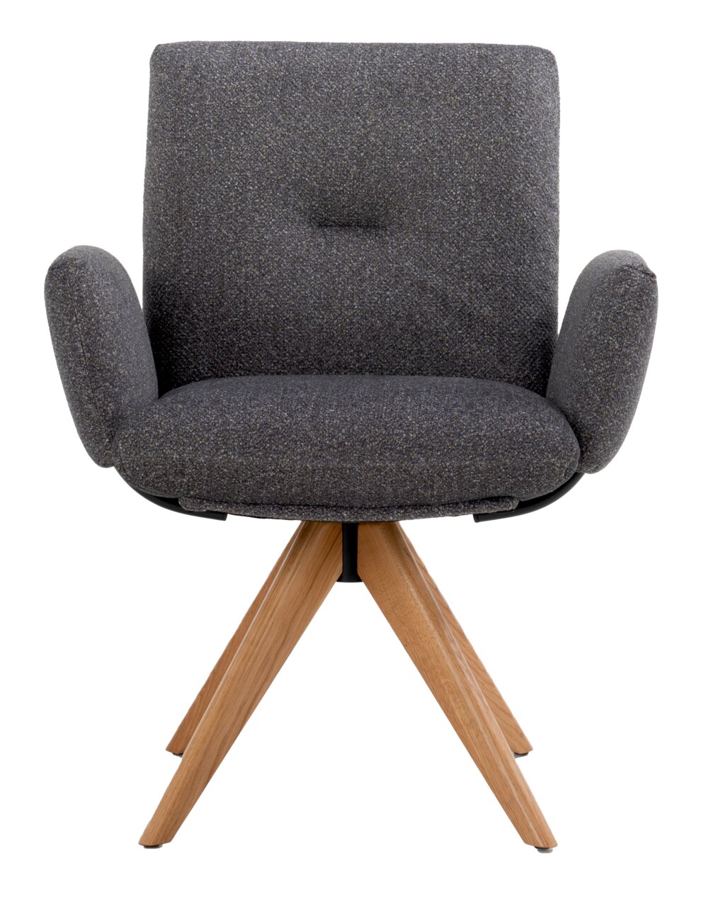 Frontansicht eines grauen Armlehnstuhls mit Holzbeinen, Modell COCOON von Dieter Knoll.