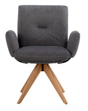 Frontansicht eines grauen Armlehnstuhls mit Holzbeinen, Modell COCOON von Dieter Knoll.