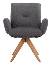 Frontansicht eines grauen Armlehnstuhls mit Holzbeinen, Modell COCOON von Dieter Knoll.