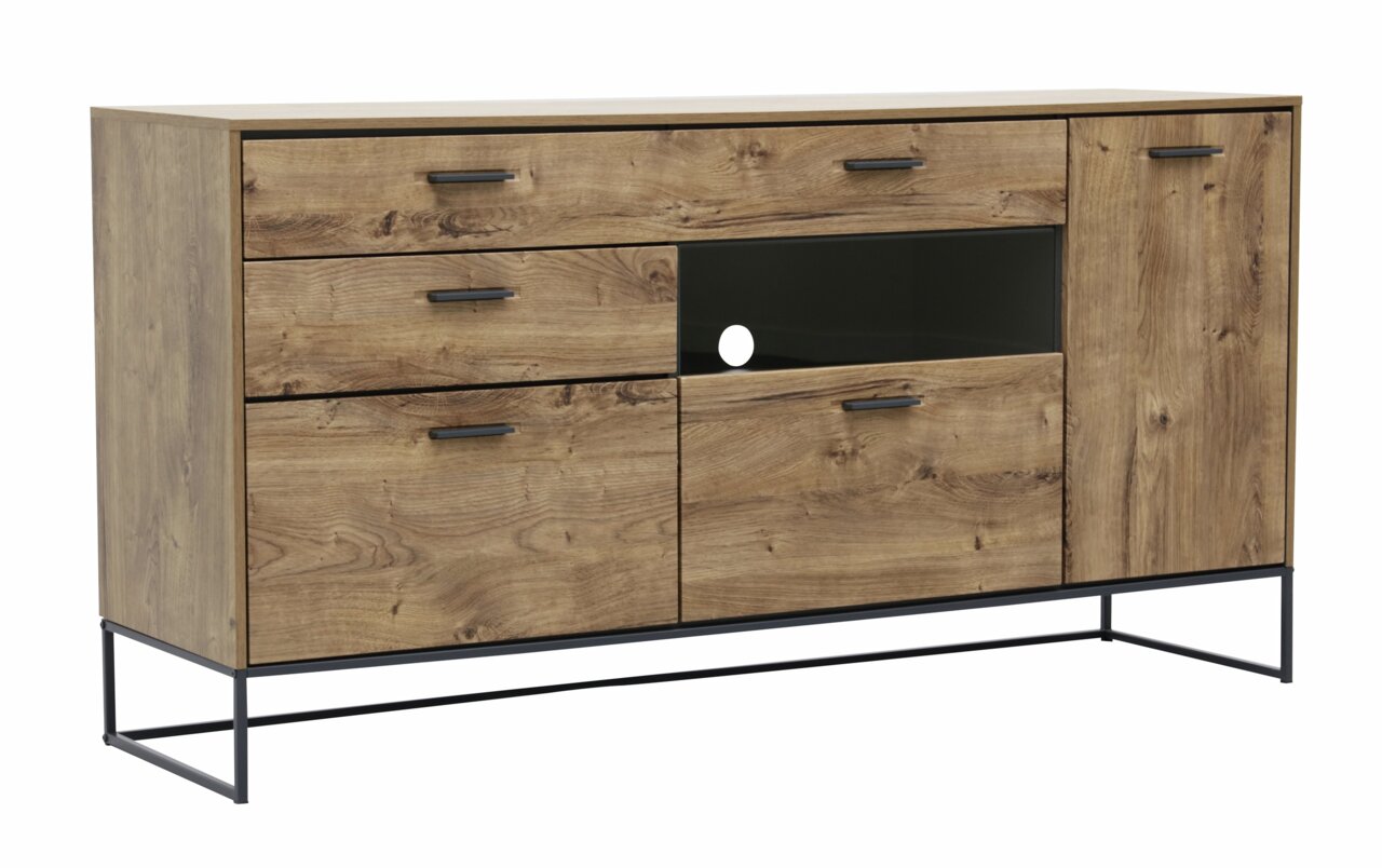 Zurbrüggen Dressoir MANHATTAN Holz-Sideboard mit drei Schubladen und zwei Türen, frontal betrachtet, auf einem schwarzen Metallgestell.