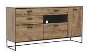 Holz-Sideboard mit drei Schubladen und zwei Türen, frontal betrachtet, auf einem schwarzen Metallgestell.