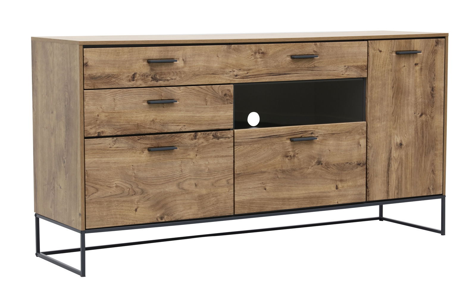 Holz-Sideboard mit drei Schubladen und zwei Türen, frontal betrachtet, auf einem schwarzen Metallgestell.