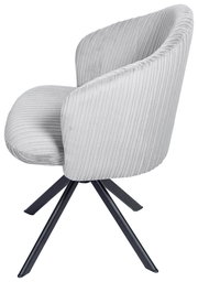 Grauer Armlehnstuhl mit geripptem Stoffbezug und schwarzem Metallgestell, seitliche Perspektive