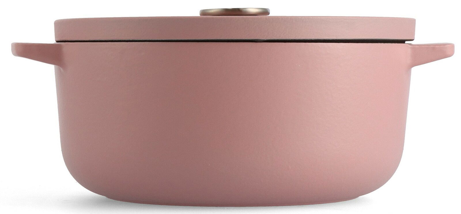 Runder Gusseisen-Bräter in Rosa, seitliche Perspektive