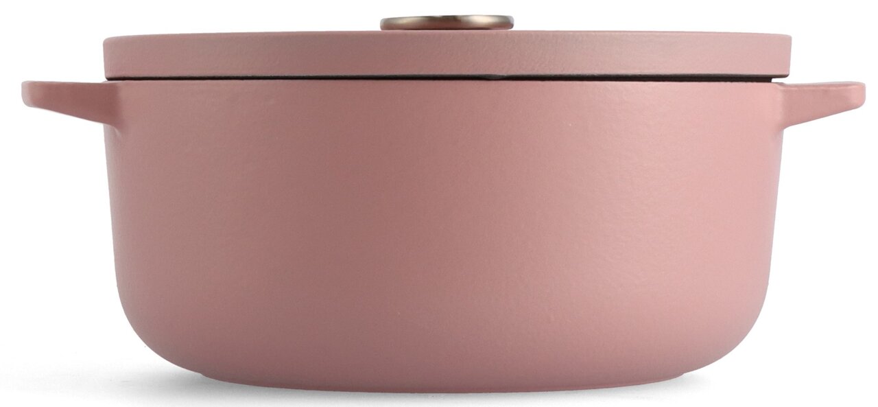 Runder Gusseisen-Bräter in Rosa, seitliche Perspektive