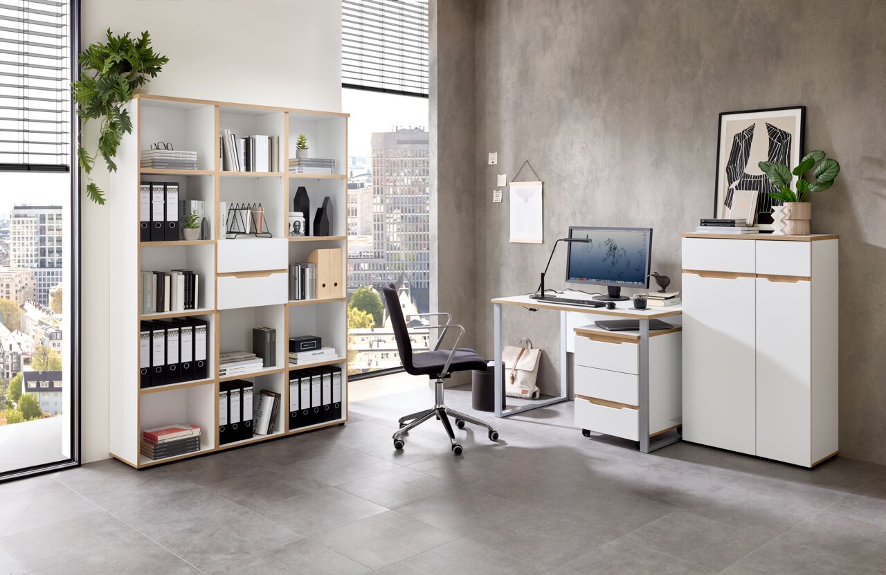Moderne Büroumgebung mit einem Schreibtisch, einem Rollcontainer, einem Aktenschrank und einem Regalschrank. Perspektive von vorne.