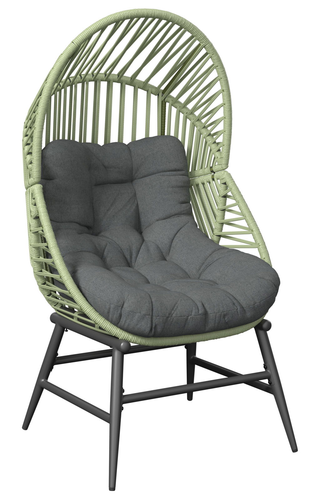Moderner Gartensessel mit grünem Rattangeflecht und grauem Polster, seitliche Perspektive