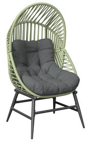 Moderner Gartensessel mit grünem Rattangeflecht und grauem Polster, seitliche Perspektive