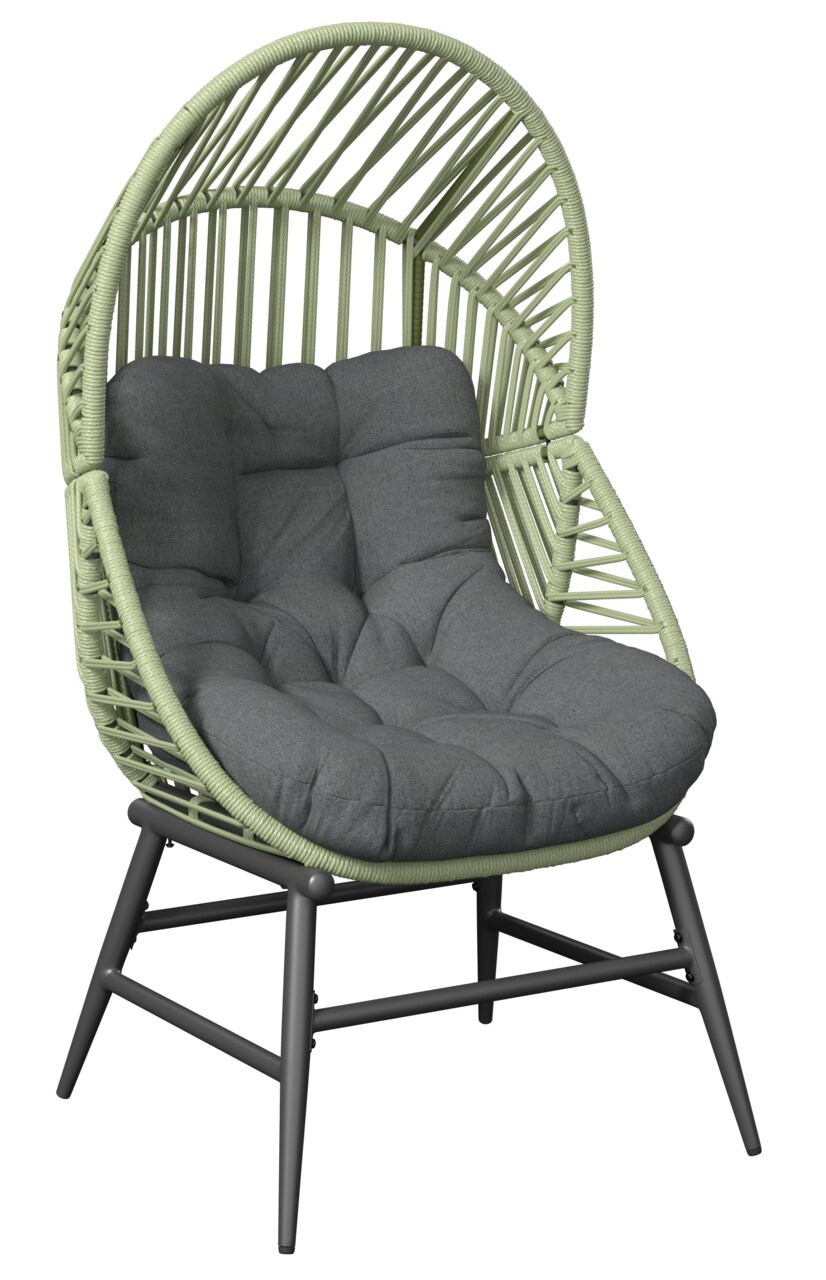 Moderner Gartensessel mit grünem Rattangeflecht und grauem Polster, seitliche Perspektive