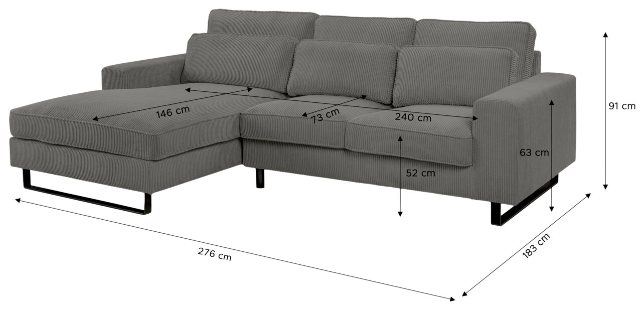 Graues Sofa in L-Form mit linker Ausrichtung, Maße: 276 cm Breite, 183 cm Tiefe, 91 cm Höhe, aus einer leicht seitlichen Perspektive fotografiert.