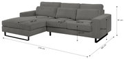 Graues Sofa in L-Form mit linker Ausrichtung, Maße: 276 cm Breite, 183 cm Tiefe, 91 cm Höhe, aus einer leicht seitlichen Perspektive fotografiert.