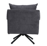 Rückansicht eines grauen Sessels mit schwarzem Drehfuß, modernes Design