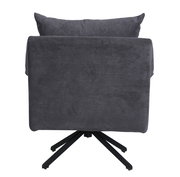 Rückansicht eines grauen Sessels mit schwarzem Drehfuß, modernes Design