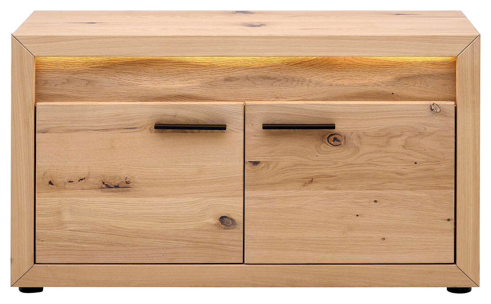 Garderobenbank aus Holz mit zwei Türen und integrierter Beleuchtung, Frontalansicht