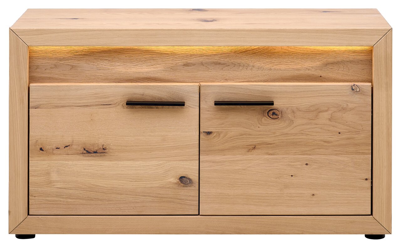 Garderobenbank aus Holz mit zwei Türen und integrierter Beleuchtung, Frontalansicht