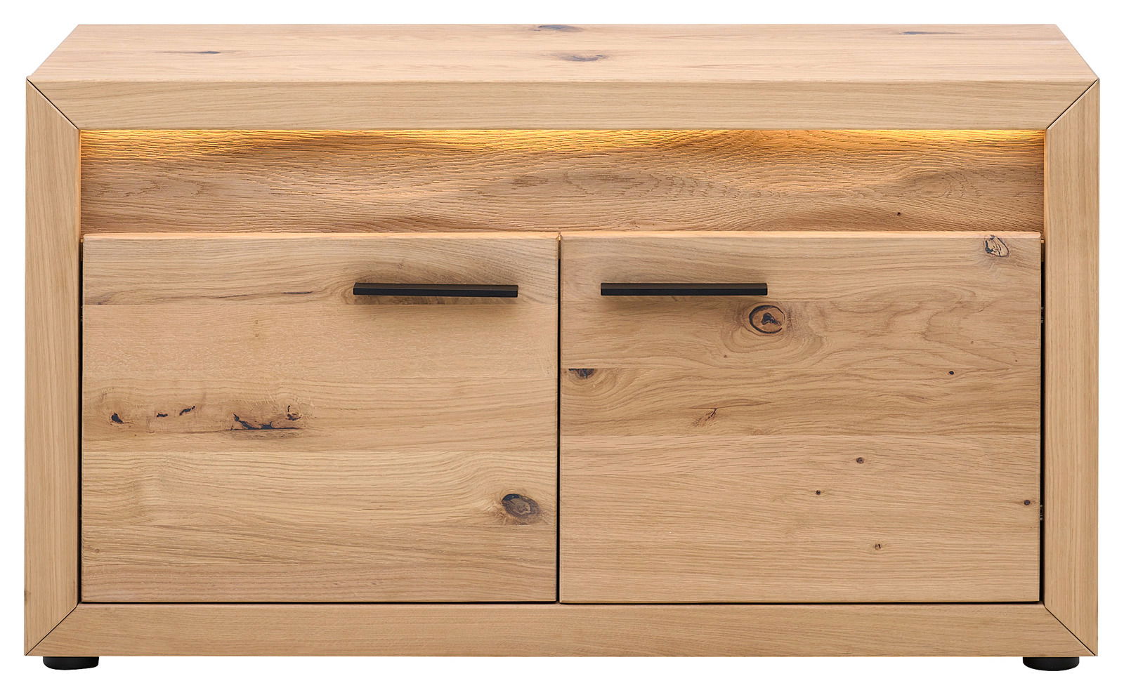 Garderobenbank aus Holz mit zwei Türen und integrierter Beleuchtung, Frontalansicht