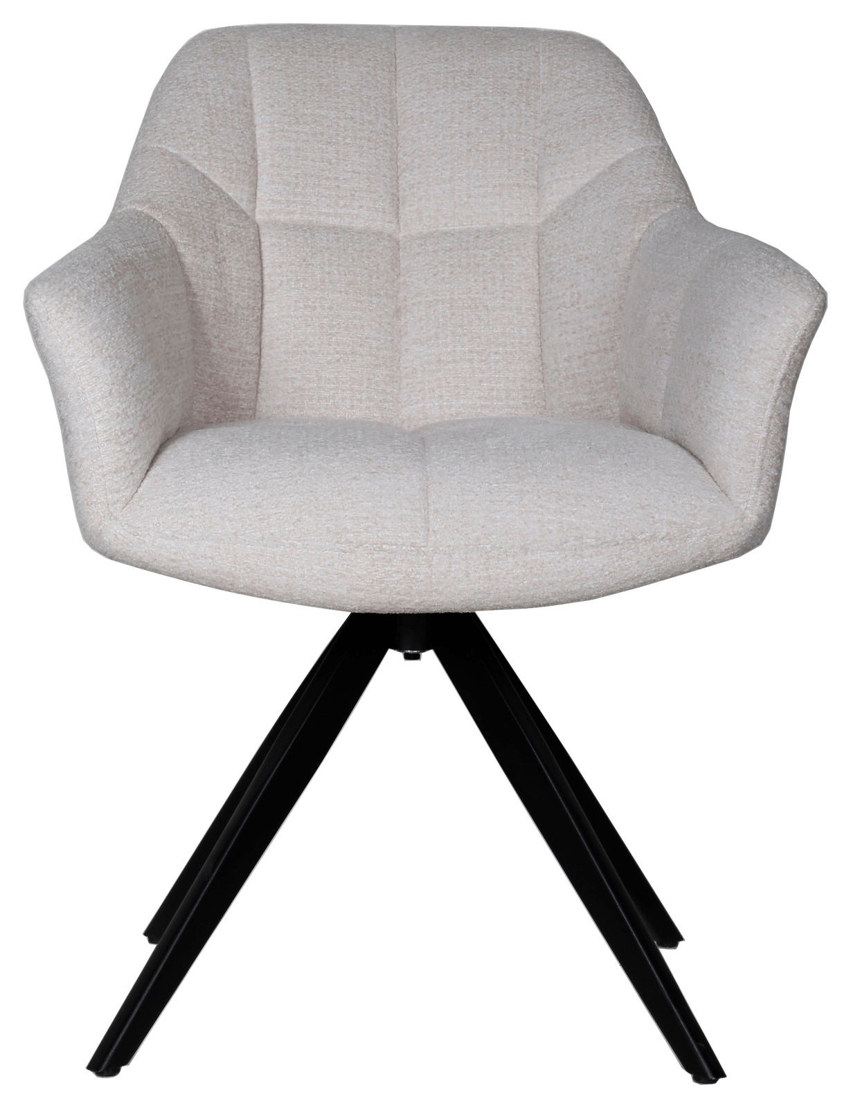 Frontalansicht eines modernen Armlehnstuhls mit hellgrauem Stoffbezug und schwarzen Metallbeinen.