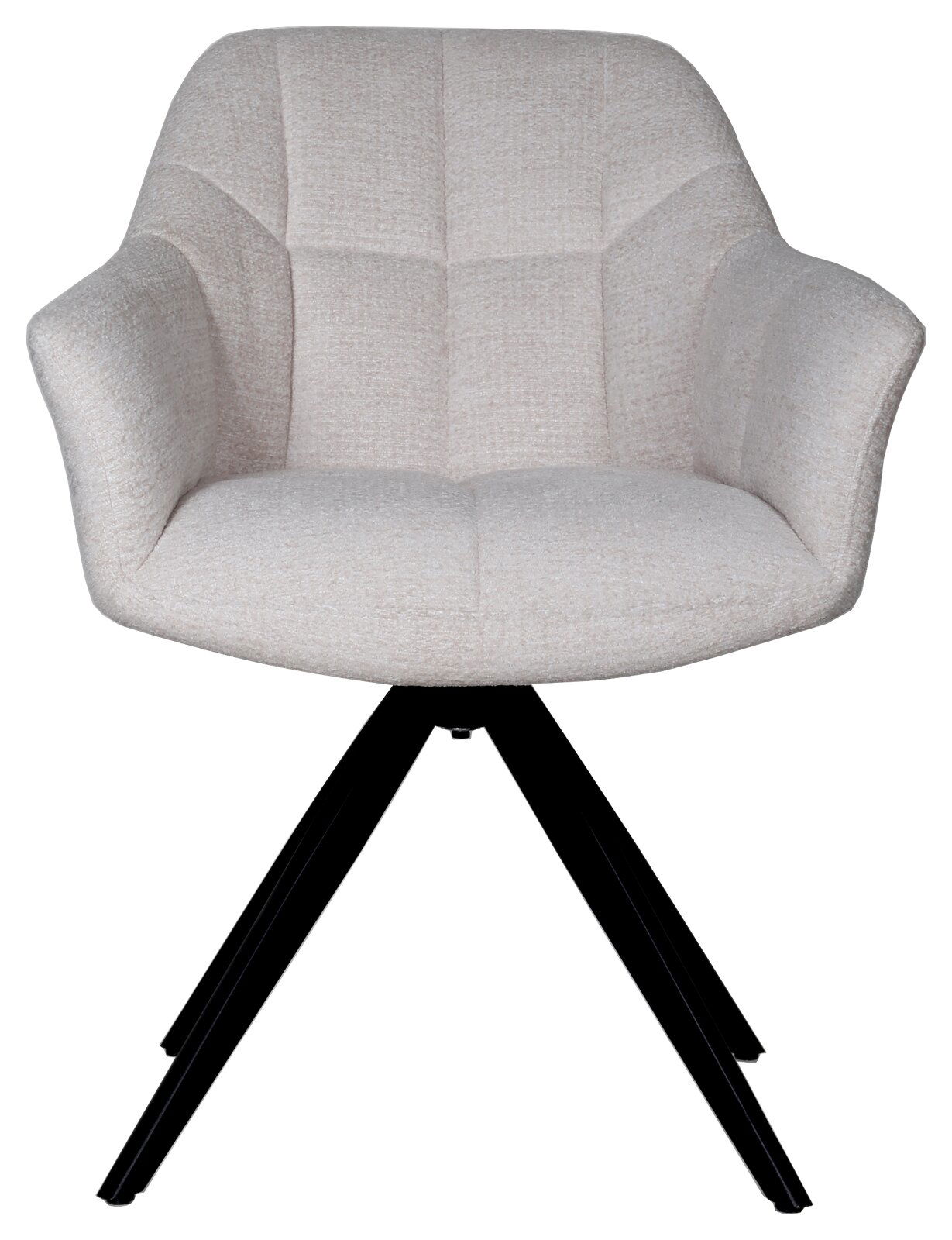 Frontalansicht eines modernen Armlehnstuhls mit hellgrauem Stoffbezug und schwarzen Metallbeinen.