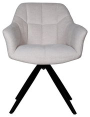 Frontalansicht eines modernen Armlehnstuhls mit hellgrauem Stoffbezug und schwarzen Metallbeinen.