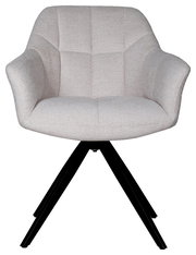 Frontalansicht eines modernen Armlehnstuhls mit hellgrauem Stoffbezug und schwarzen Metallbeinen.