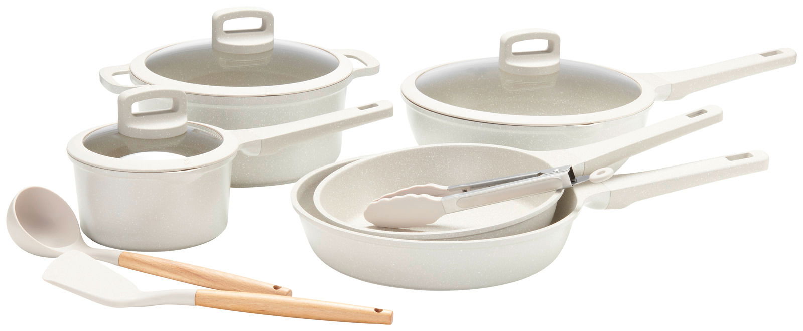 Kochtopfset 8-teilig in heller Farbe, bestehend aus Töpfen, Pfannen und Küchenutensilien, aus einer leicht erhöhten Perspektive fotografiert.