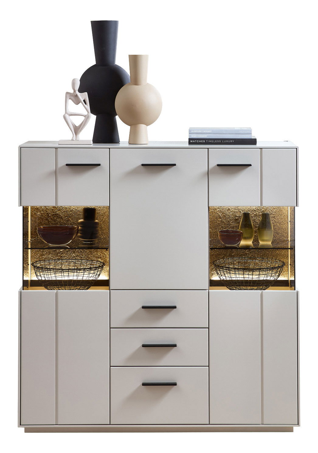 Modernes Highboard mit dekorativen Vasen und Skulptur auf der Oberseite, frontal betrachtet.
