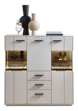 Modernes Highboard mit dekorativen Vasen und Skulptur auf der Oberseite, frontal betrachtet.