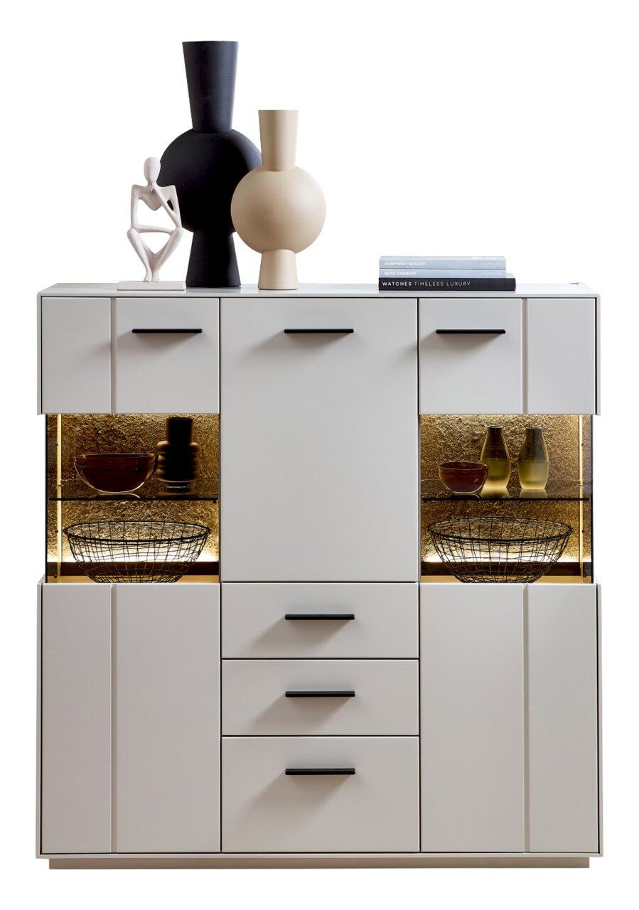 Modernes Highboard mit dekorativen Vasen und Skulptur auf der Oberseite, frontal betrachtet.