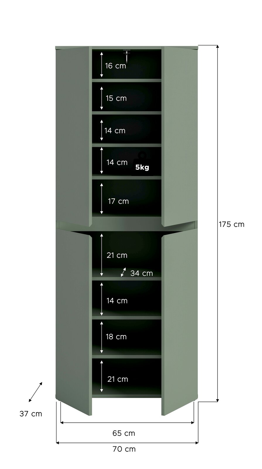 Offener, grüner Hochschrank mit zwei Türen und mehreren Einlegeböden, Maßgrafik mit Höhe 175 cm, Breite 70 cm und Tiefe 37 cm sowie Fachhöhenangaben und 5-kg-Belastungshinweis, Frontansicht.