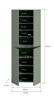 Offener, grüner Hochschrank mit zwei Türen und mehreren Einlegeböden, Maßgrafik mit Höhe 175 cm, Breite 70 cm und Tiefe 37 cm sowie Fachhöhenangaben und 5-kg-Belastungshinweis, Frontansicht.
