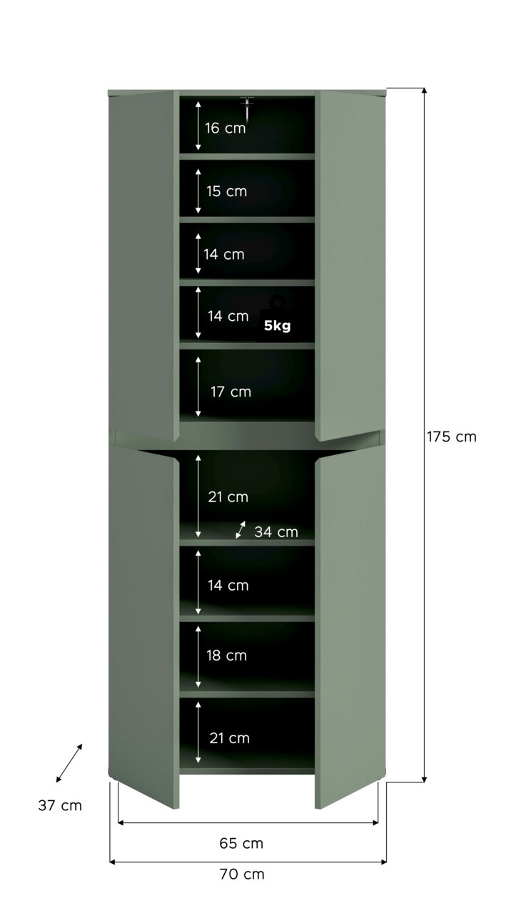 Offener, grüner Hochschrank mit zwei Türen und mehreren Einlegeböden, Maßgrafik mit Höhe 175 cm, Breite 70 cm und Tiefe 37 cm sowie Fachhöhenangaben und 5-kg-Belastungshinweis, Frontansicht.